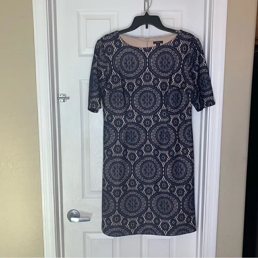 R&K Dress Navy Blue with Nude Underlay Size 14